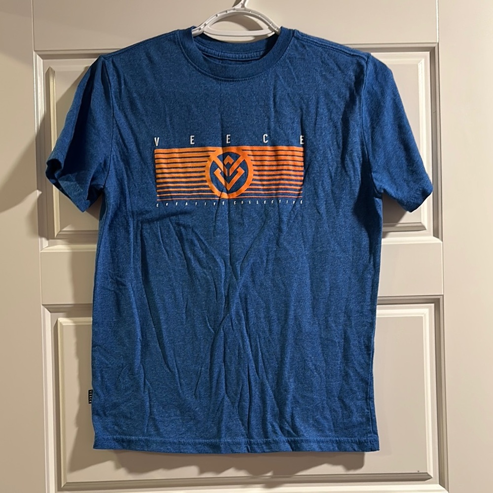 Blue and Orange Short Sleeve Tee with Stripe Design